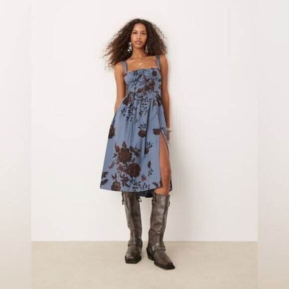 FREE PEOPLE Laters Baby Midi Dress in Storm blue and brown Combo Size Small - Picture 2 of 12